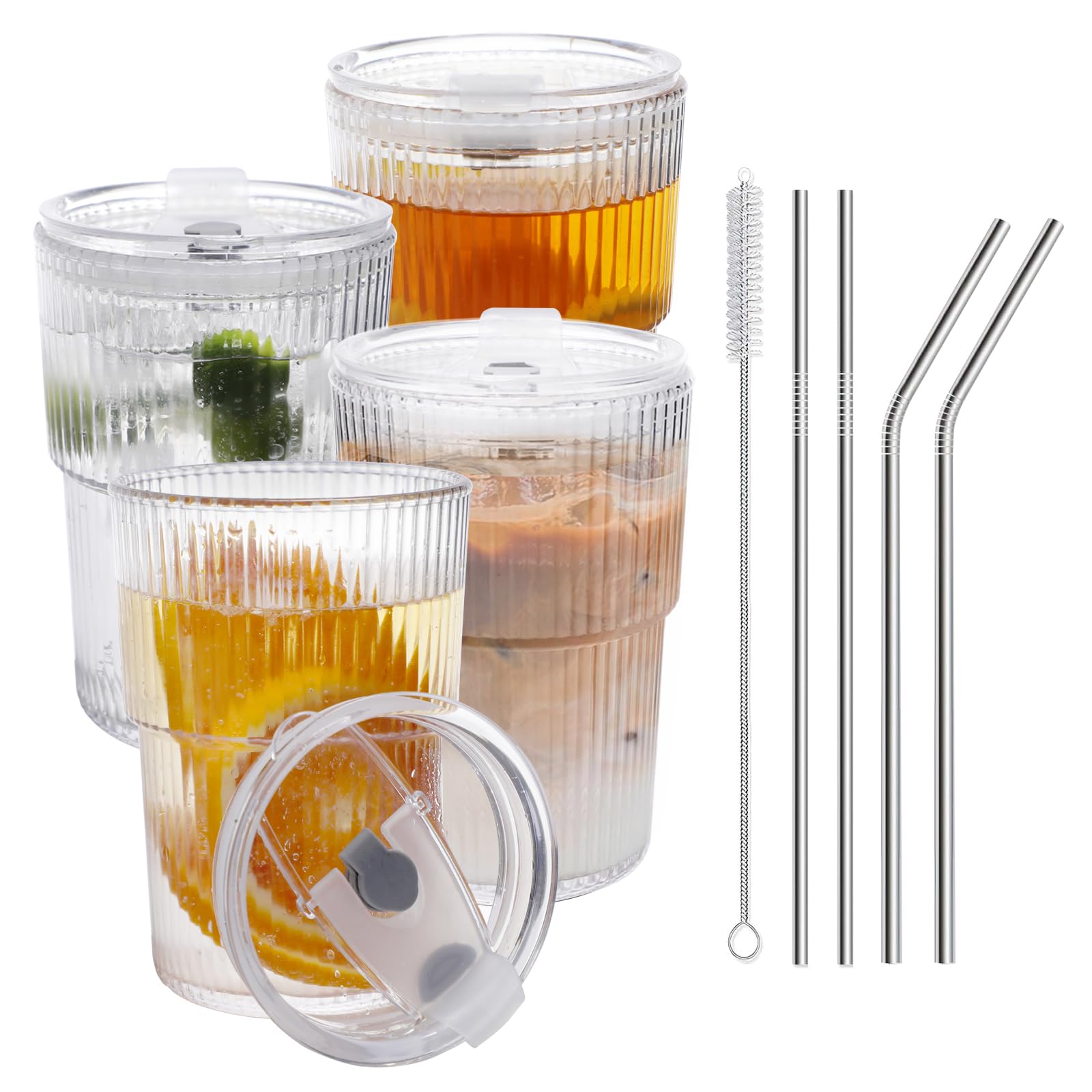 Photo 1 of (MISSING LIDS) RÉ?LWÁY 16 OZ Iced Coffee Cups with Lids and Straws Set of 4, Unbreakable Plastic Drinking Glasses Reusable Iced Coffee Glass to Go Cup for Iced Tea,Juice, Water,BPA Free, Dishwasher Safe
