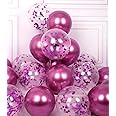 AULE Party Balloons Pack of 42 - Metallic Chrome Hot Pink Balloons and Hot Pink Confetti Latex Helium Balloons With 64ft Ribbons - 12 Inch Balloon Decoration Set