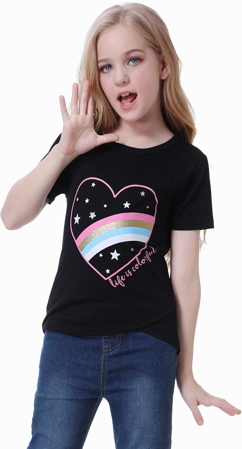 MyFav Girls Casual Short Sleeve Cute Print T-Shirts Round Neck Loose Tunic Tops for 6-15 Years: Clothing