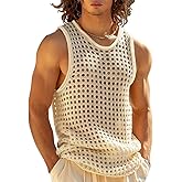 MIZOK Mens Knitted Crochet Tank Top Summer Hollow Sleeveless Tops Scoop Neck Loose Shirts
