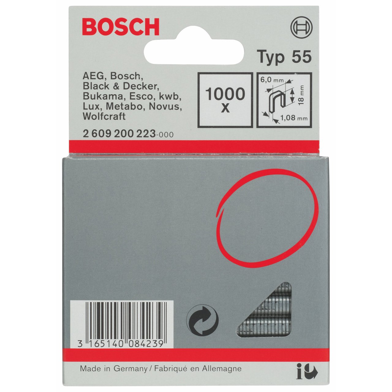 Bosch Professional 1000x Narrow Crown Staple Type 55 (Textiles, Carton, Foil, 6 x 1.08 x 18 mm, Accessories Tacker, Staple Gun)