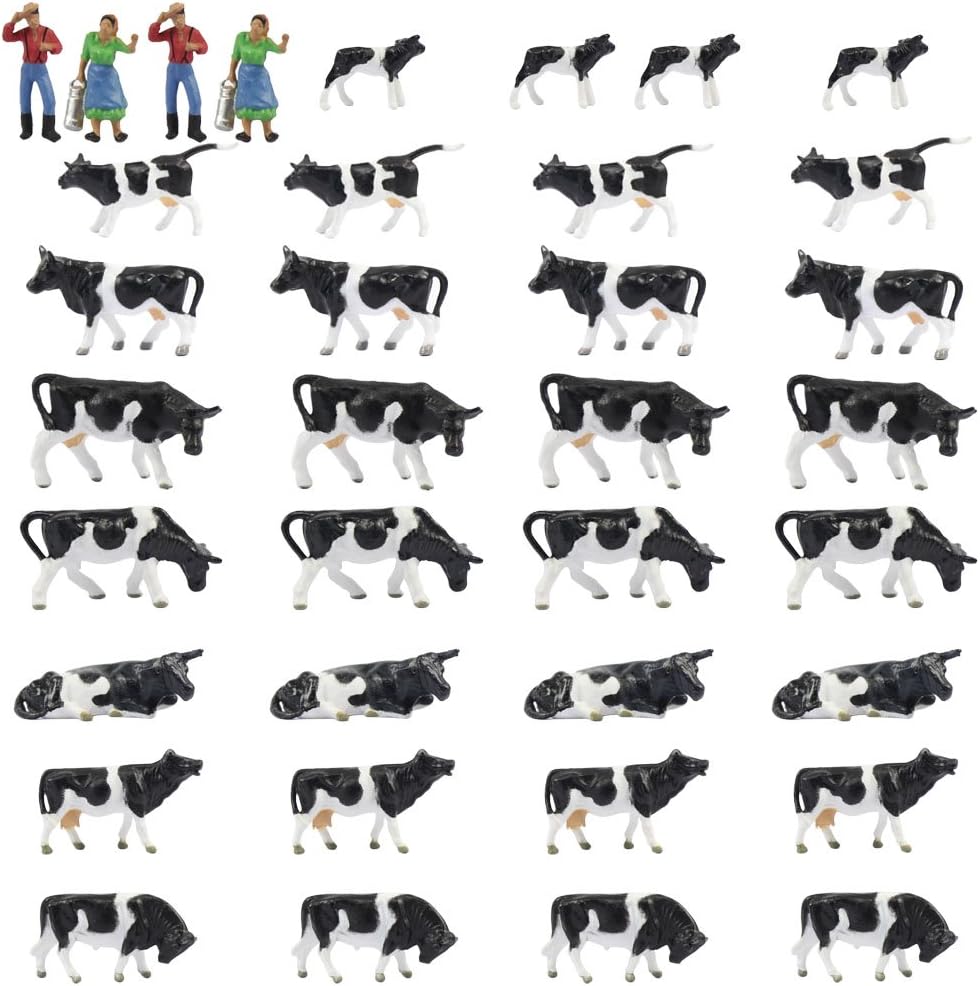 Farm Animals Figure Toys Set,AN8704 36PCS 1:87 Well Painted Model Cows and Figures for HO Scale Model Train Scenery Layout Miniature Landscape New