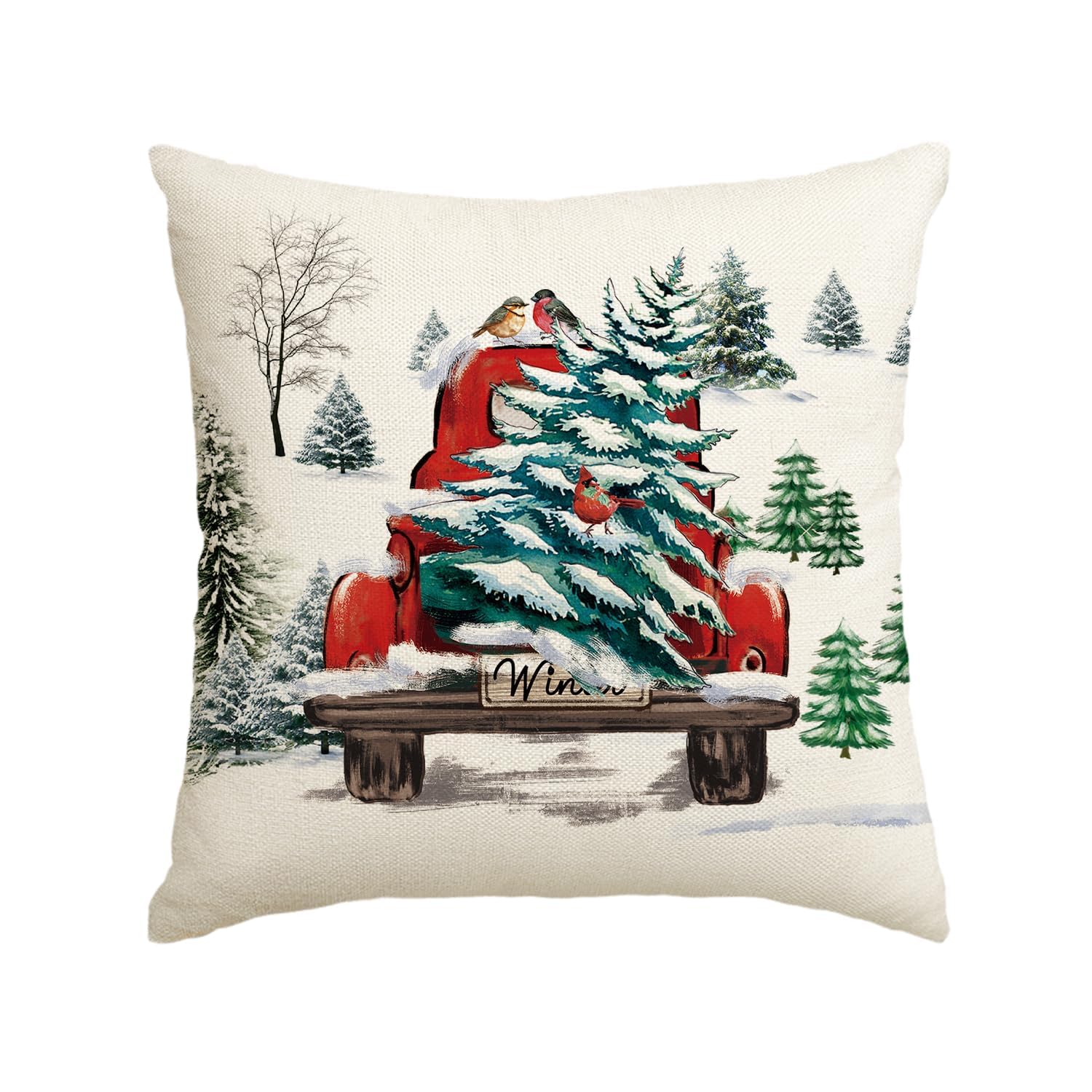 Artoid Mode Watercolor Snow Pine Tree Truck Christmas Cushion Cover, 45x45 cm Xmas Winter Decorative Pillow Case Cover Sofa Living Room Outdoor Decor