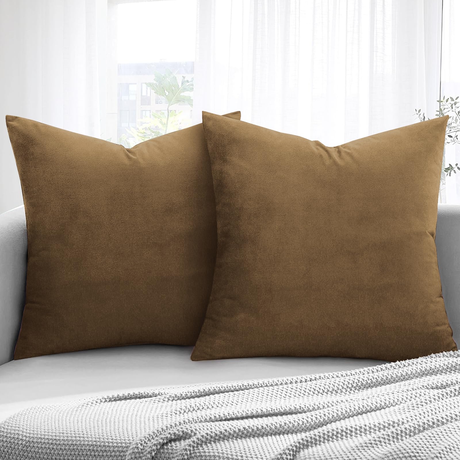 Aspire Homeware Velvet Cushion Covers 45 x 45cm Set of 2 Brown Decorative Square Throw Pillow Cases for Sofa Bedroom Living Room and Sofa
