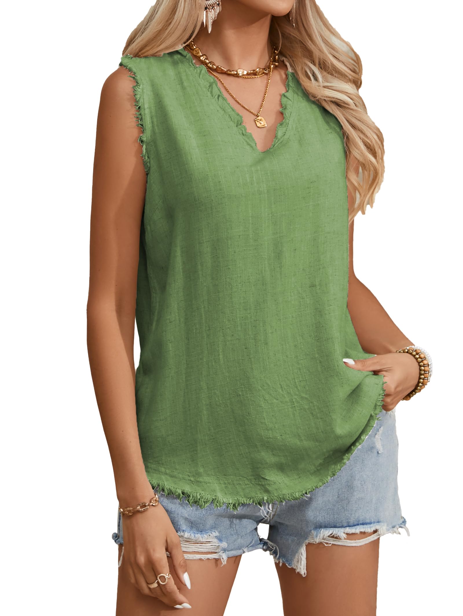 Photo 1 of Famulily Sleeveless Summer Vest Womens Summer Basic Tops Ruffled Deep V Neck Tank Tops Linen Cami Lime Green L