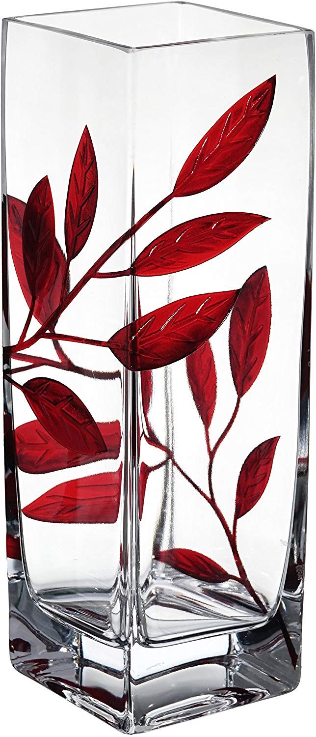 Luxury Hand Blown Glass Vase - Decorated with Etched, Painted Leaves - Gift Box - Clear Square Vase Centerpiece Thick Glass for Home Decor, Gift - 9.8 in (25 cm) (Red)