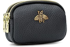 WOZEAH Leather Coin Purse for Women Small 2 Zipper Change Wallet with Key Ring Card Key Coin Cash Holder Pouch(Black)