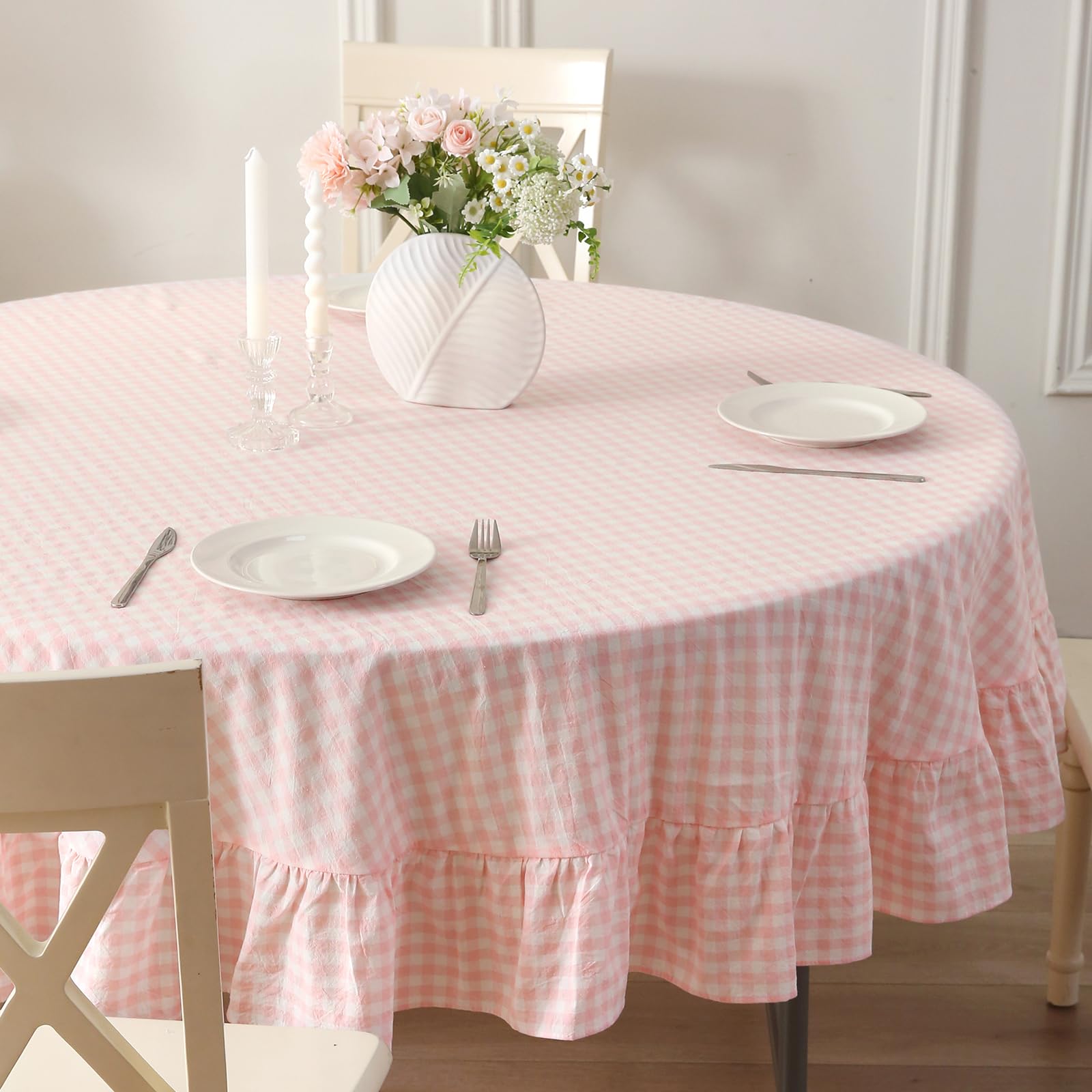 Photo 1 of K MASANIJI Blush Plaid Gingham Ruffled Table Cloth Round Cover 4 Seats, 100% Washed Cotton Farmhouse Cottage Coquette Checker Vintage Decorative Tablecloth - Dia.70 inches