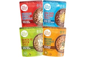 The Good Bean Heat and Eat Pouch - Variety Pack - (Pack of 4) 10 oz Pouch - Mexican Smoky Chipotle, Low-Carb Classic Chili, Santa Fe Green Chile, and Indian Coconut Curry