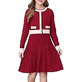 EDFTM Girl's Knit Casual Sweater Dresses Cable Ribbed Pleated Contrast A-Line Long Sleeve Crew Neck Knitted Midi Dresses