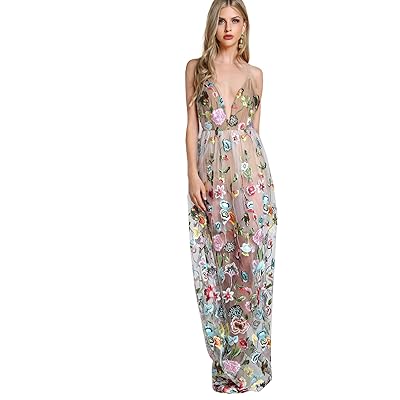 DIDK Womens Embroidered Mesh Overlay Bodysuit Maxi Panama | Ubuy