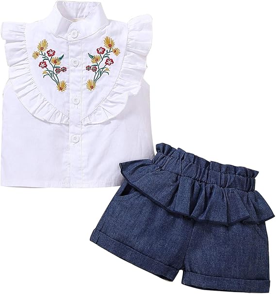 DaMohony Ruffled Floral Suit, Toddler Girl Clothes Buttonup Shirt