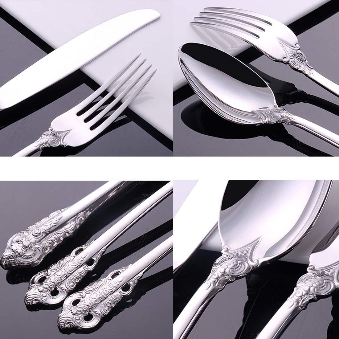 Classic Silver Cutlery Set Stainless Steel Flatware Set Mirror Polish Dinnerware Fork Knife Spoon Durable Stain and Fade Resistant Silverware Wedding Gift 4 Pieces