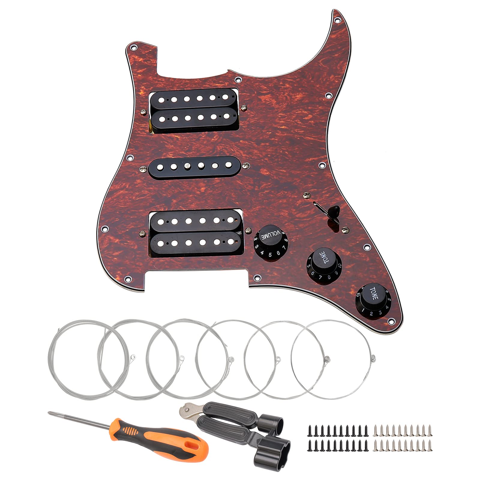 Unxuey 11 Hole Loaded Prewired Pickguard Guard Plate with Black HSH Pickup Parts for Fender Strat Guitar, with Guitar Strings and Installation Tool