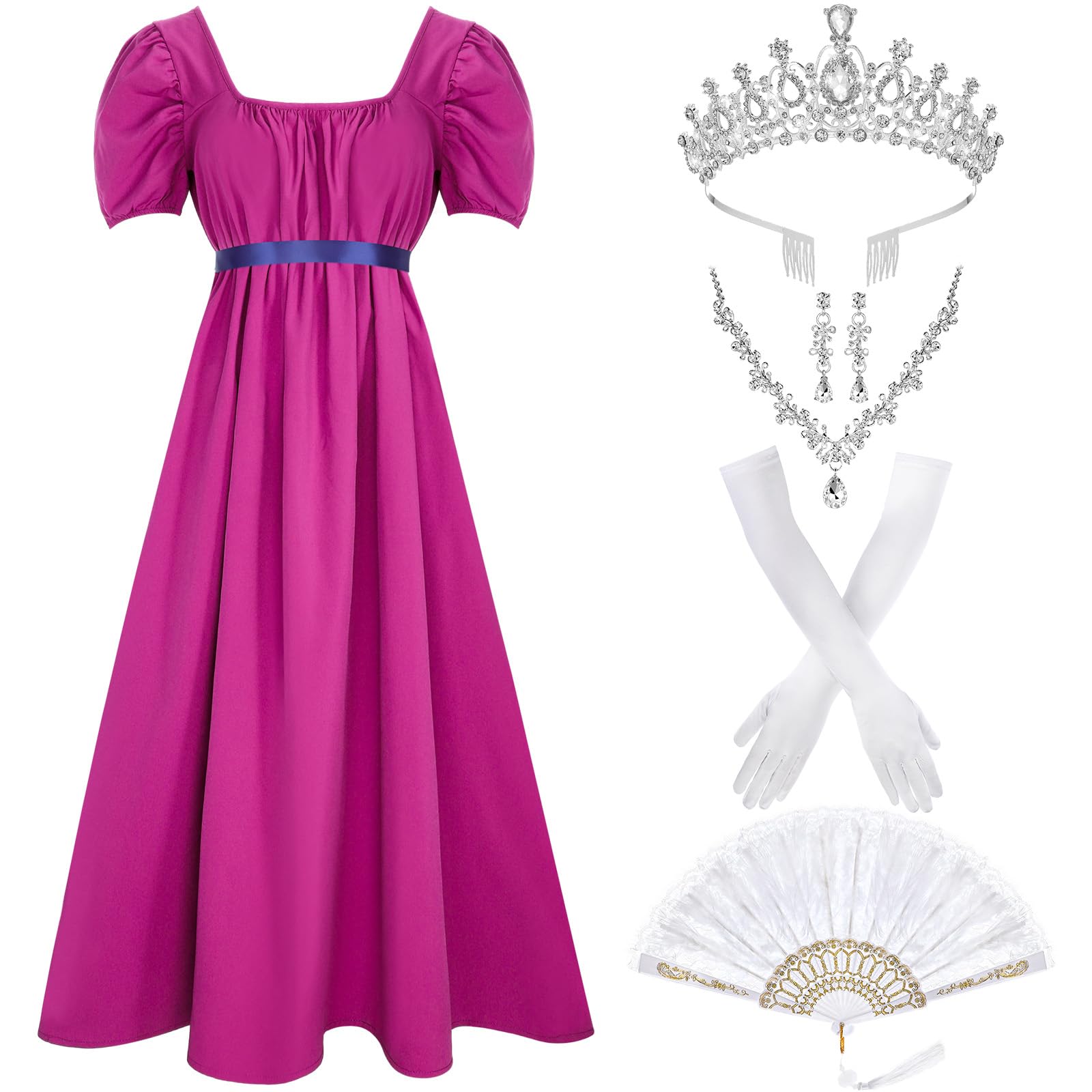 Photo 1 of Xaatren 6 Pcs Women's Regency Dresses with Jewelry Set Renaissance Dress Victorian Dresses for Women with Gloves Fan (Rose Red,Medium)