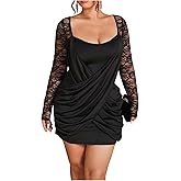 GORGLITTER Women's Plus Size Lace Dress Fall Casual Wrap Ruched Long Sleeve Bodycon Cocktail Birthday Party Mini Dress