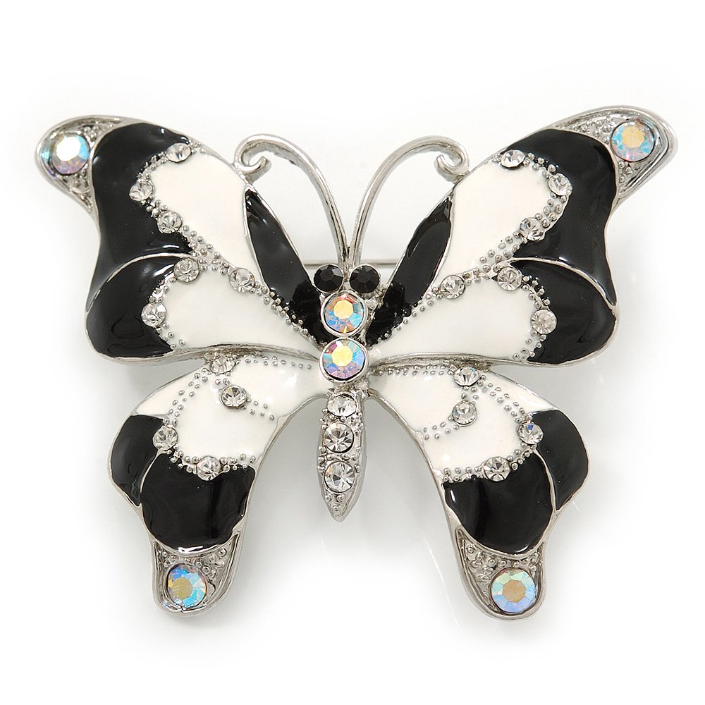 Black/White Enamel Crystal Butterfly Brooch In Rhodium Plating - 50mm W
