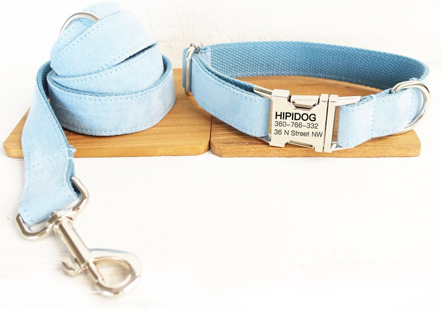 hipidogPersonalized Dog Collar and Leash Set, Premium Customized Pet ID Collars- Special Design 24 Styles + 5 Sizes (Sky Blue Velvet)