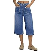 luvamia Capri Jeans for Women Wide Leg Trendy High Waisted Patch Pocket Loose Straight Casual Stretchy Denim Capri Pants
