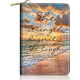 FVAENDHIO Credit Card Holder Wallets for Women, Christian Quote Bible Verse Proverbs 31:25 Design RFID Blocking Small Leather Card Case Wallet Zipper Accordion Wallets