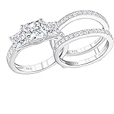 SHELOVES Three-Stone Princess Cut AAAAA Cz Wedding Rings Set Ring Enhancers 925 Sterling Silver Sz 5-10