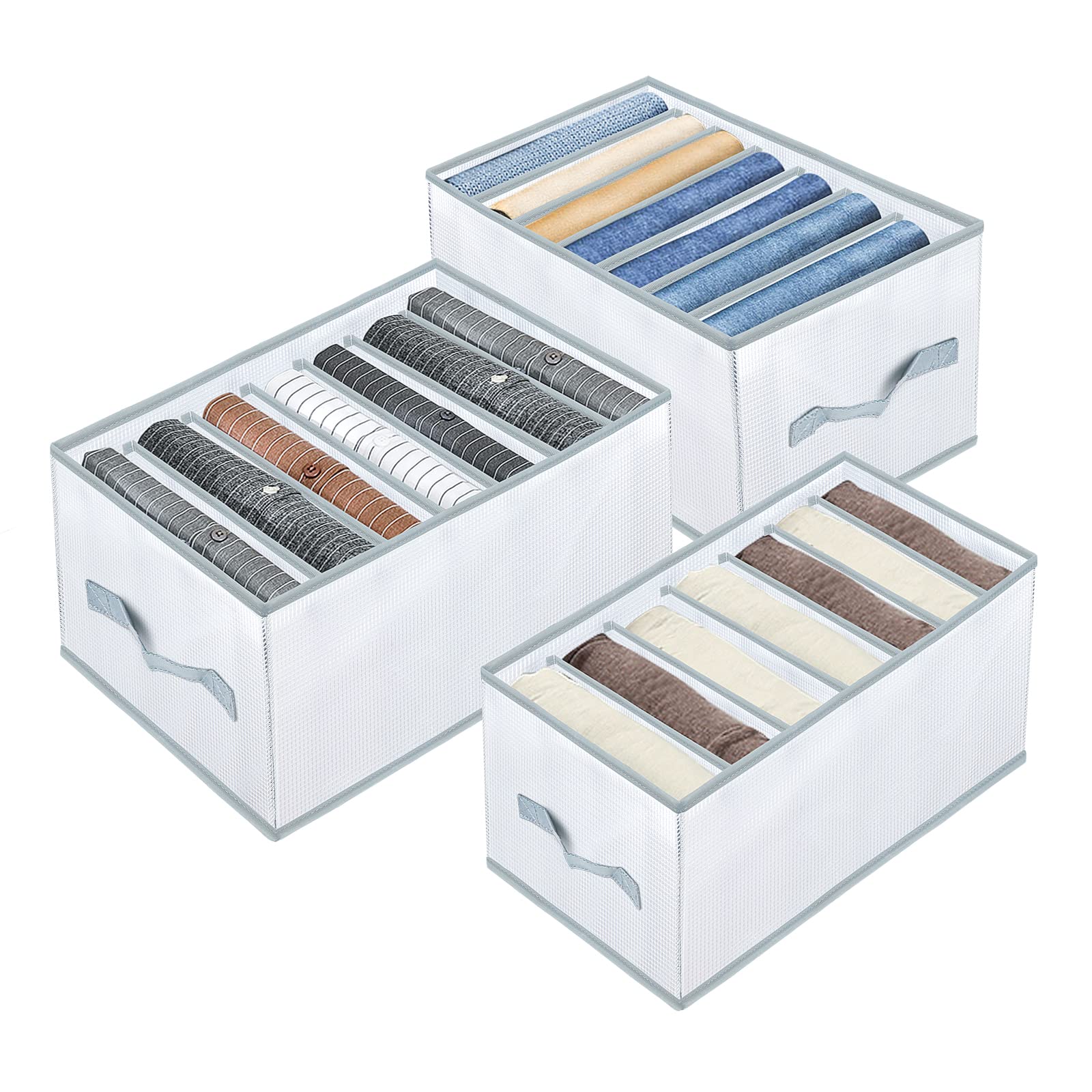 Hysagtek Clothes Drawer Organizer - 3 Pcs Foldable Rigid Wardrobe Organiser Solution for Jeans, Pants, Shirts, Leggings 3 Sizes 7 Grids Closet Drawer Organisers Dividers S+M+L (Grey)