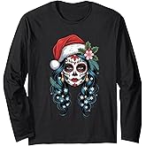 Sugar Skull Woman Santa Hat Christmas Long Sleeve T-Shirt