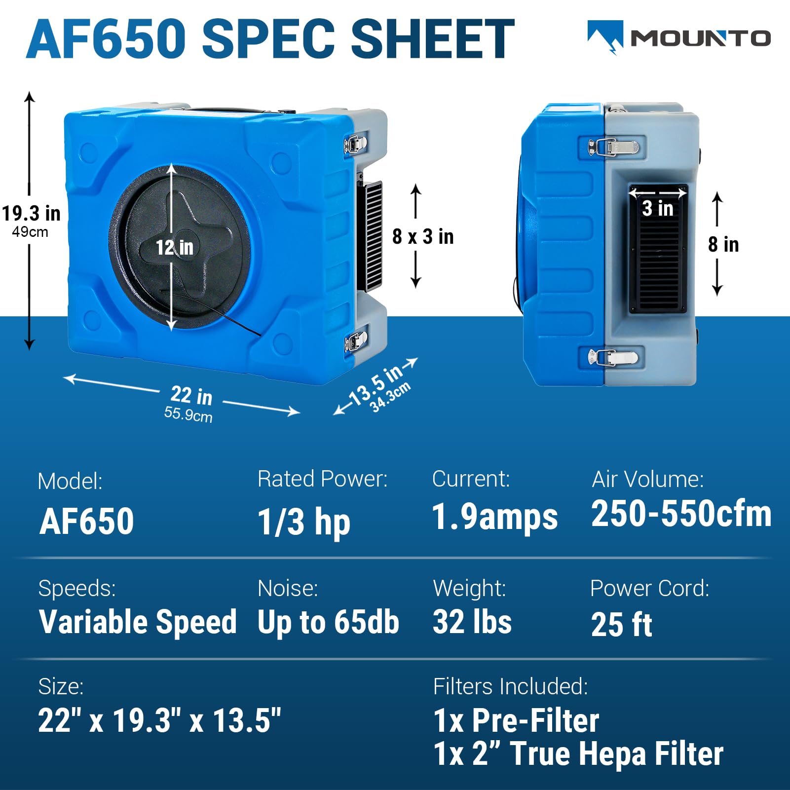 MOUNTO 550cfm Hepa Air Scrubber Industrial Air Cleaner- 550cfm Portable Air Purifier w/Variable Speed, Dual Outlet for Fire/Water Damage Restoration, Construction & Painting, Janitorial (Blue)