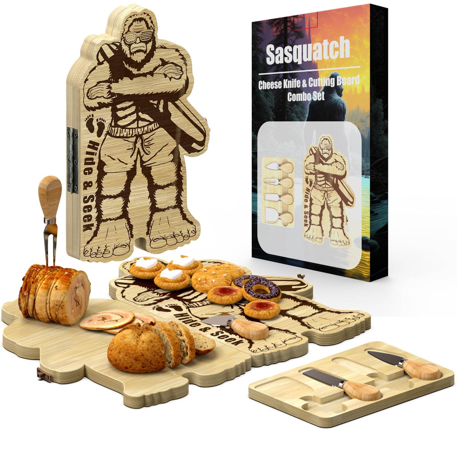 Photo 1 of Bigfoot Charcuterie Boards Gift Set Including 4 Stainless Steel Knife Bamboo Foldable Cutting Board Portable Cheese Tray Christmas Birthday Housewarming Gifts for Women Bigfoot Sasquatch Lovers