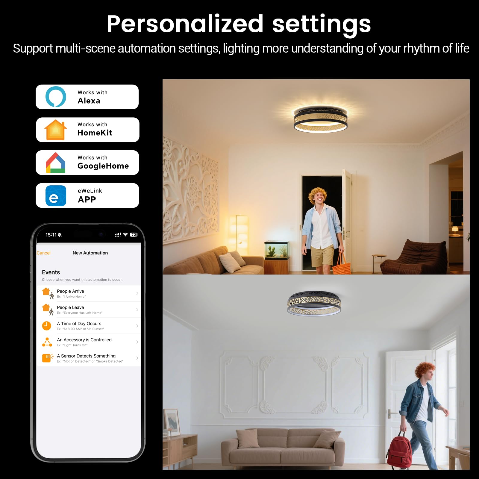 Yuanfenghua LED Deckenleuchte Mit Fernbedienung, Dimmbar Schlafzimmer Lampe with Matter Kompatibel Mit Alexa,HomeKit,Google and eWeLink APP, Rund Schwarz Gold Aushöhlen Design Wohnzimmer Ø50×H12CM 5