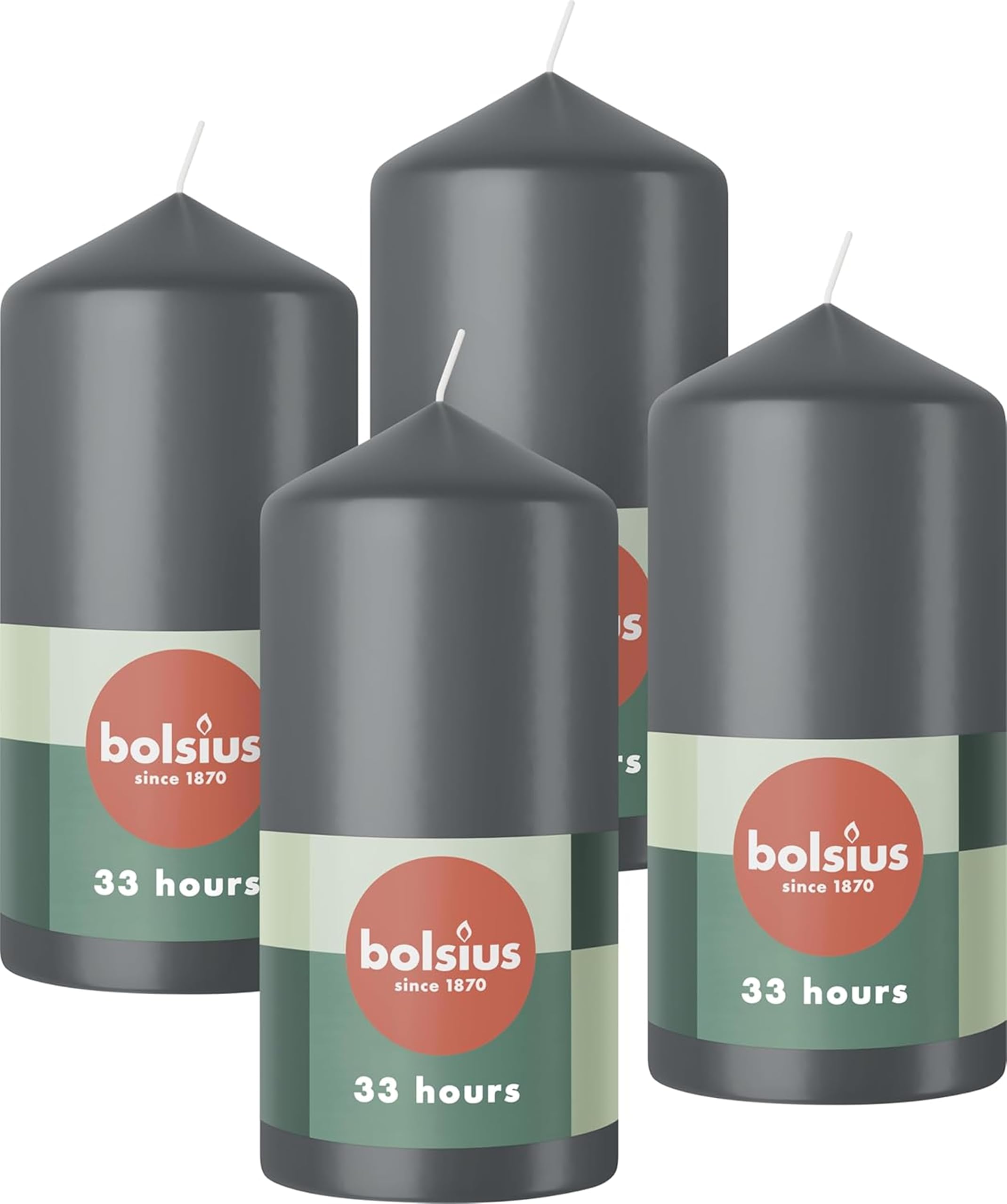 Bolsius Pillar Candles - Anthracite - 4-Pack - 12 x 6 cm - Decorative Household Candles - Long Burning Time of 33 Hours - Unscented - Includes Natural Vegan Wax - Without Palm Oil