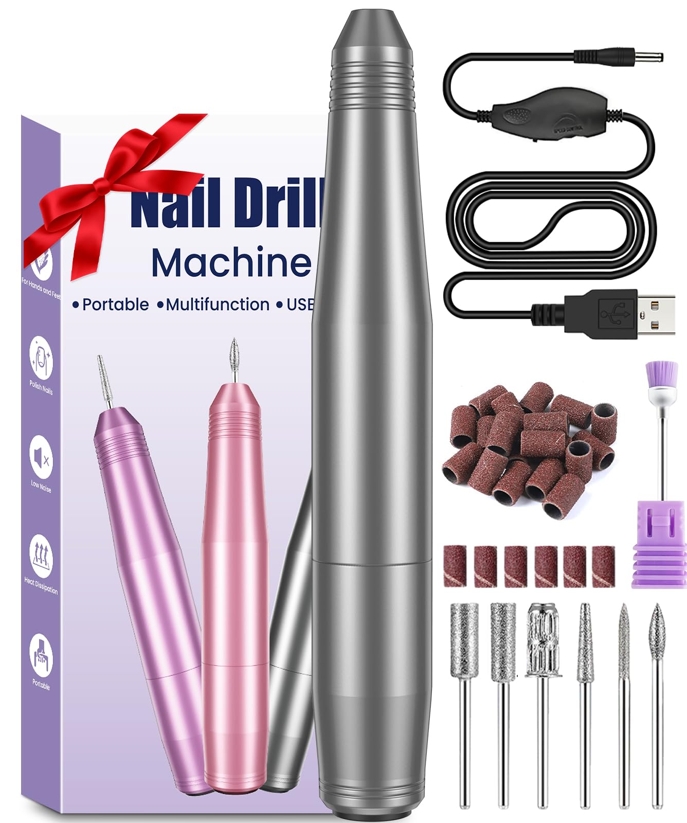 Electric Nail Drill, Professional Nail Drill Machine, 20000RPM Adjustable Speed Manicure Pedicure Set with 6 Drill Bits, Low Vibration Low Noise Electric Nail Files for Gel/Acrylic Nails for Beginner