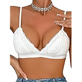 MakeMeChic Women's Triangle Padded Bralette Floral Lace Spaghetti Strap Wireless Strap Bra