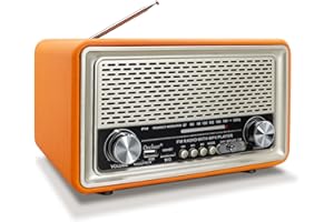 Oncheer Retro Vintage FM Radio, Leather Speaker Radios with Bluetooth TWS Pairing, Battery Powered, Home Room Bookshelf Classical Decor Support TF Card/USB Player/AUX in