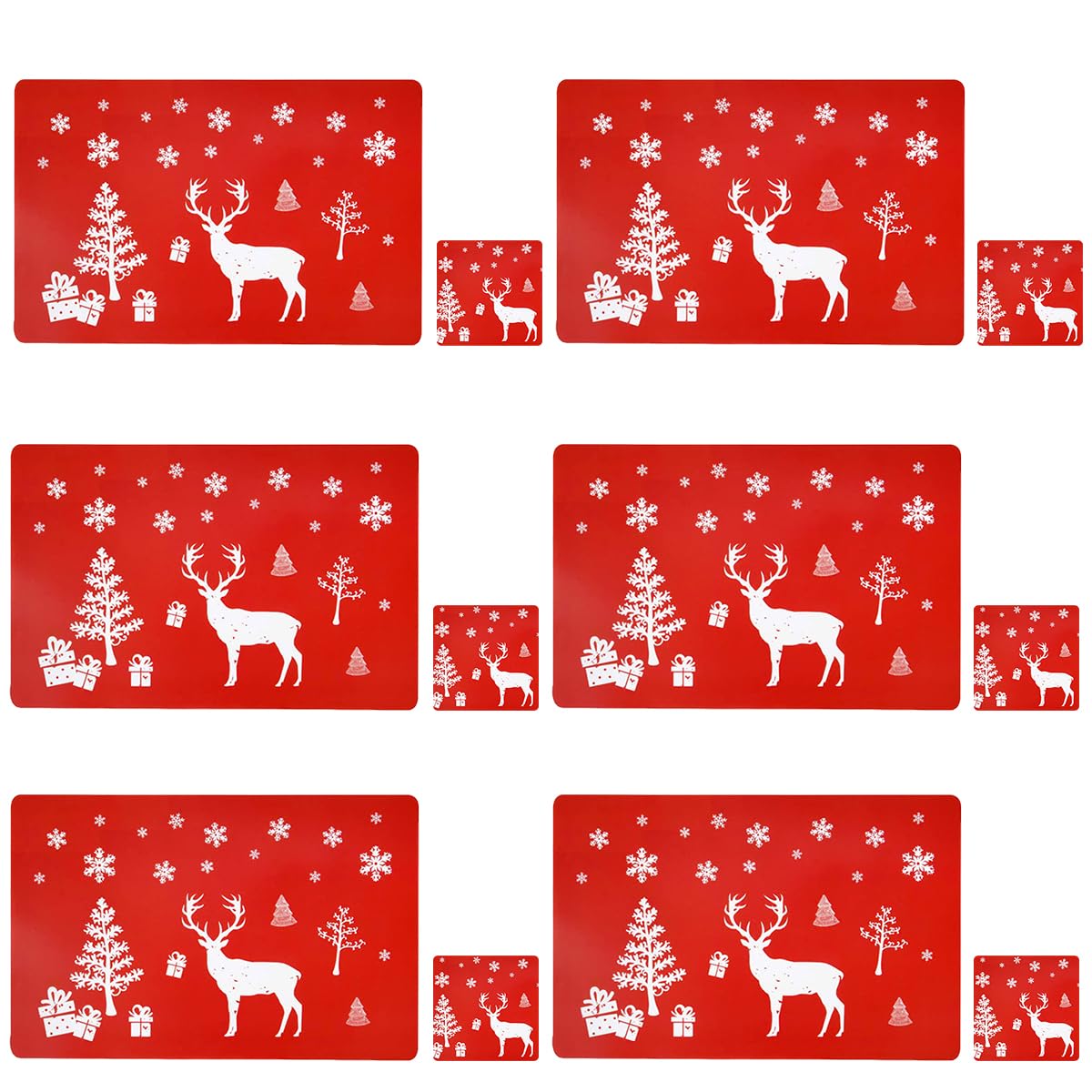 12 Pcs Set Christmas Placemats, Christmas Place Mats 6 And Coasters，Christmas Table Mats, Christmas Placemats Sets Of 6, Christmas Dinner Table Decorations, Christmas Place Mats (Red)