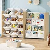 EXPERLAM Kids Toy Storage Organizer - Toy Organizer with Bookshelf, Toy Storage with 12 Toy White Bins and 4 Book Shelves, Toy Organizers and Storage for Playroom, Nursery, Kids Room, Burlywood