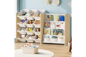 EXPERLAM Kids Toy Storage Organizer - Toy Organizer with Bookshelf, Toy Storage with 12 Toy White Bins and 4 Book Shelves, Toy Organizers and Storage for Playroom, Nursery, Kids Room, Burlywood
