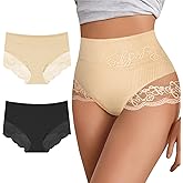 BOKIOW Women Cotton Underwear High Waisted Soft Lace Panties Comfort Breathable Sexy Ladies Brief Multipack