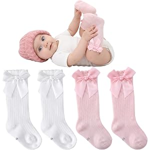 FNANJWQ 2 Pairs Preemie Newborn Baby Ankle Socks, Soft Ruffle Turn Cuff Cotton Bows Tube Socks Non-slip Warm Sock Ideal for D