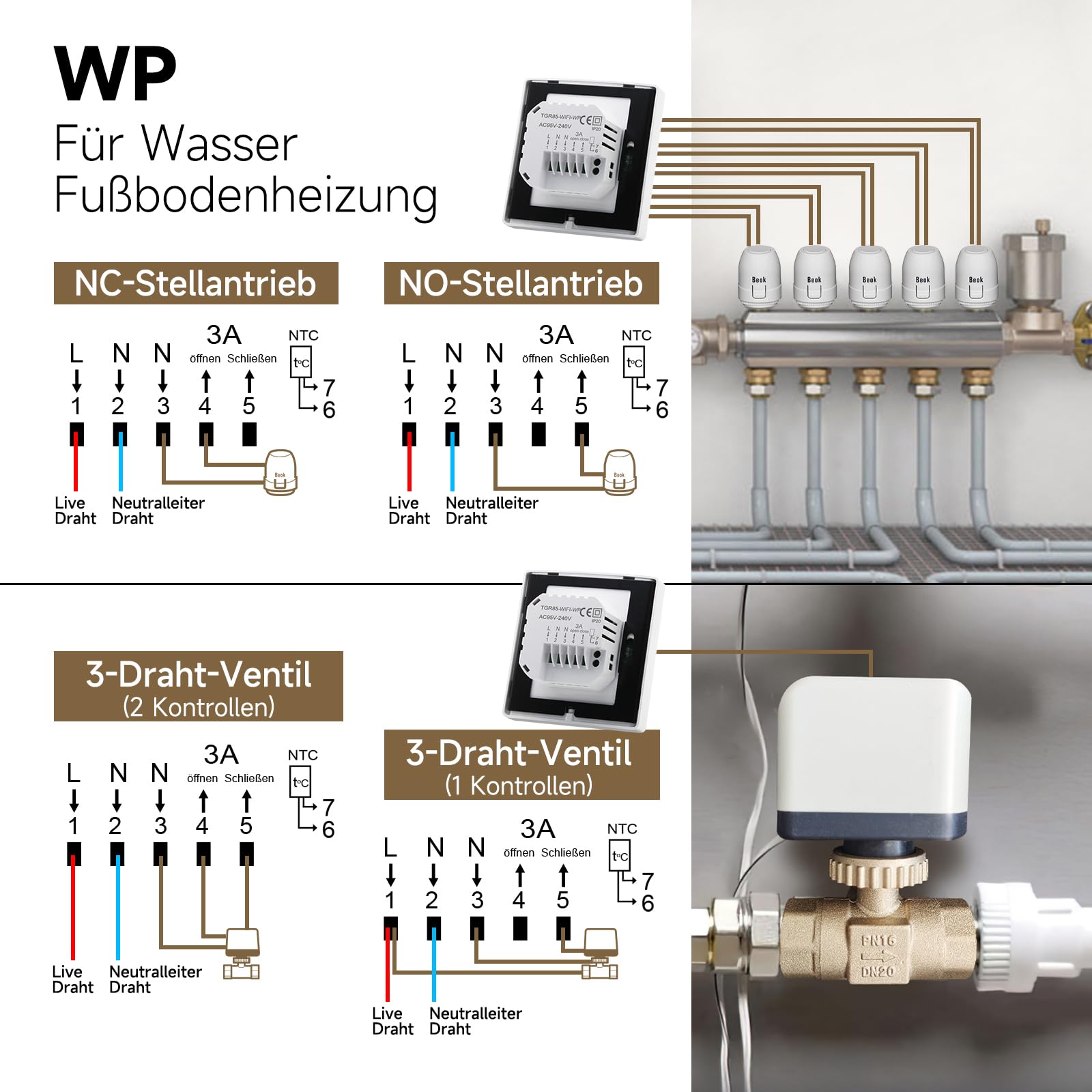Beok Spiegel Thermostat Fussbodenheizung Smart, WiFi Raumthermostat Heizungsthermostat mit Digitales LCD Wandthermostat für Wasser Fußbodenheizung Kompatibel Tuya, Alexa,Google Home 3A TGR85WIFI-WP 3