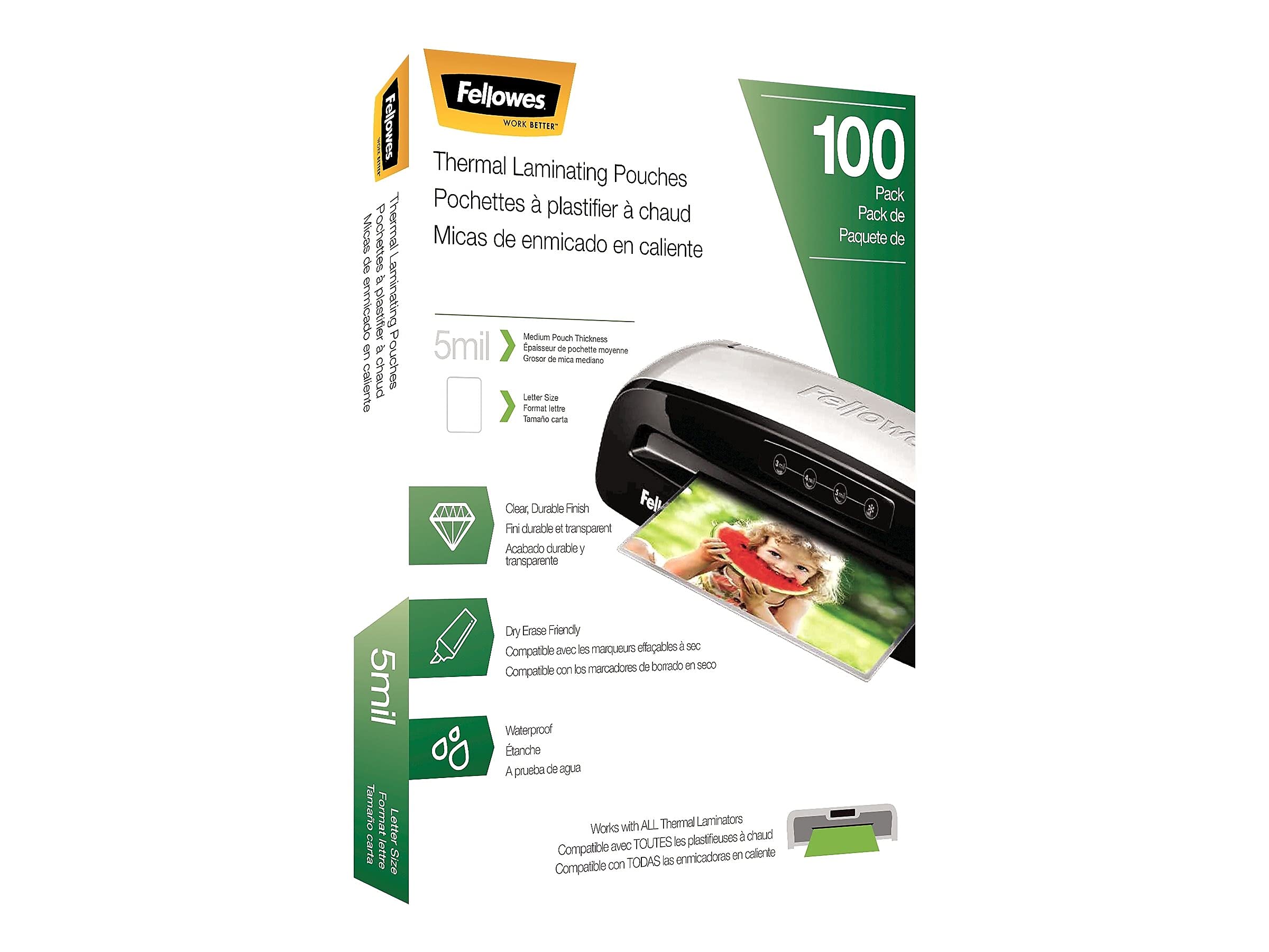 Fellowes Thermal Laminating Pouches, 5mil Letter Size Sheets, 9 x 11.5, 100 Pack, Clear (5743501)