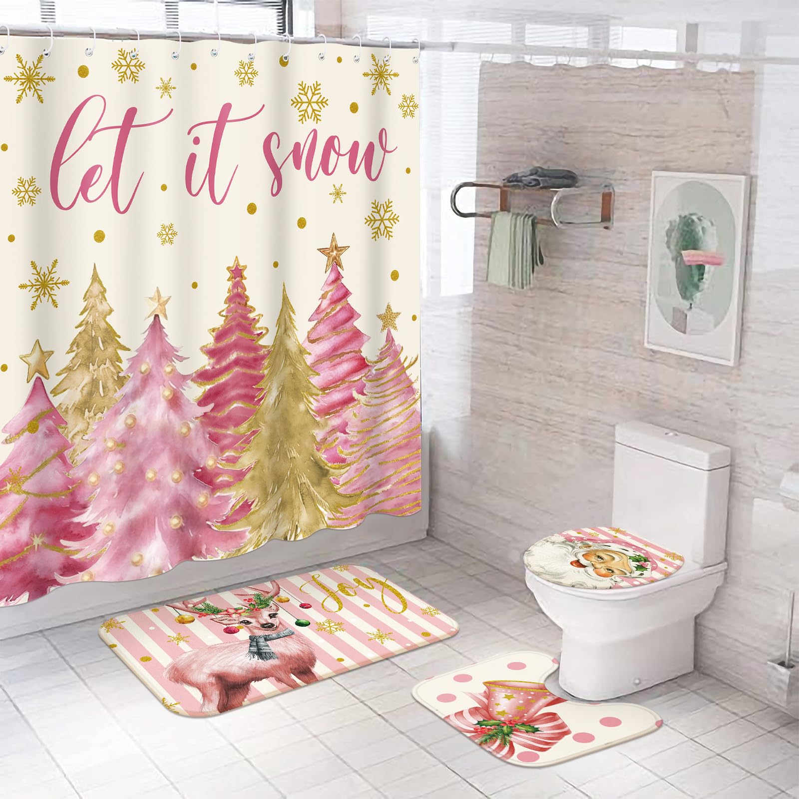 Photo 1 of 4 Pcs Pink Christmas Tree Shower Curtain Set 72" Christmas Bathroom Décor Set with 12 Hooks Non Slip Rug Toilet Lid Cover and Bath Waterproof Mat Holiday Pastel Restroom Accessories Home Winter Décor