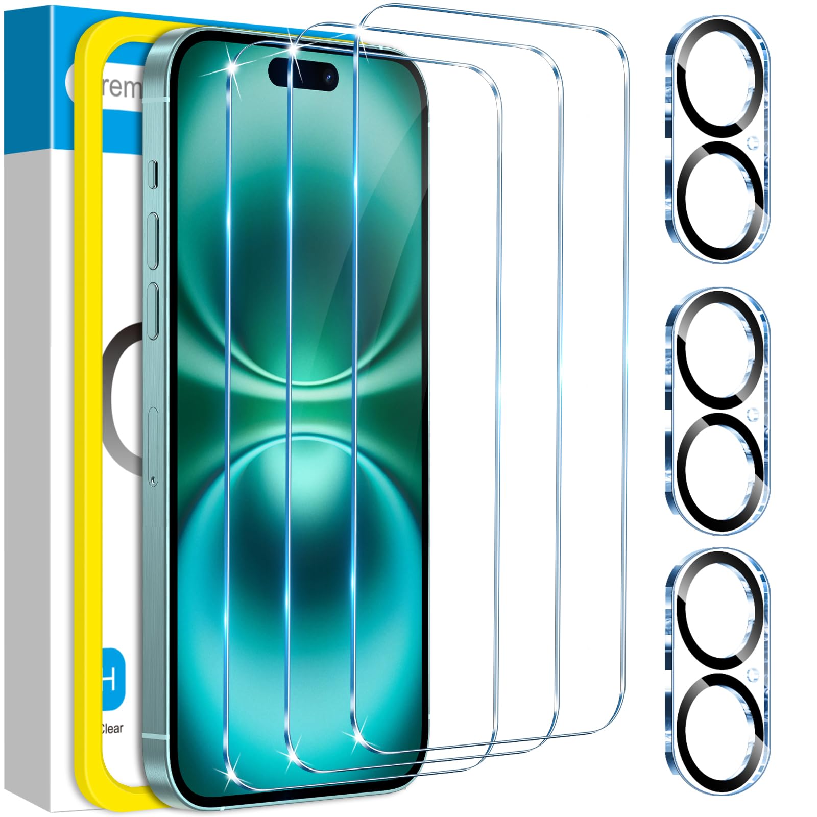 Fotbor for 3Pack iPhone 16 Plus Screen Protector with 3Pack Camera Lens Protector, 9H+ Tempered Glass Easy Installation Kit, Case Friendly iPhone 16 Plus