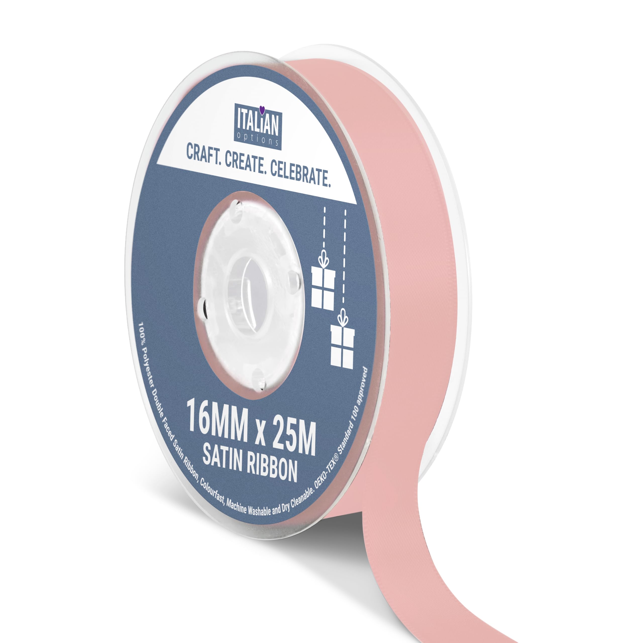 Italian Options Satin Ribbon, Fabric Ribbons for Gift Wrapping, Crafting, Balloons, Wedding Car, Presents, Cake, Christmas, Birthday, Gift Wrap Accessories, 16mm Wide x 25 Metre Roll, Rose Gold