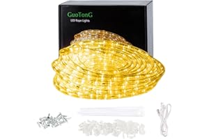 GUOTONG 50ft/15m Plug in LED Rope Lights, 540 Warm White LEDs, 110V, Waterproof, Connectable,Power Socket Connector Fuse Holder, Indoor/Outdoor Use, Ideal for Backyards, Decorative Lighting
