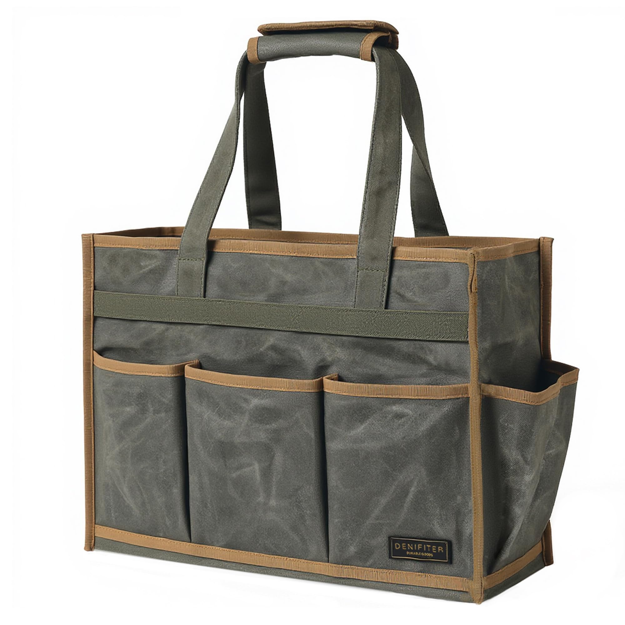 Canvas Large Tool Bag - A Large Main Pocket and 6 Outside Pockets - Durable 16oz Waxed Canvas Tool Case with Handle - 15.5 X 5.9 X 11.5 inch | ArmyGreen