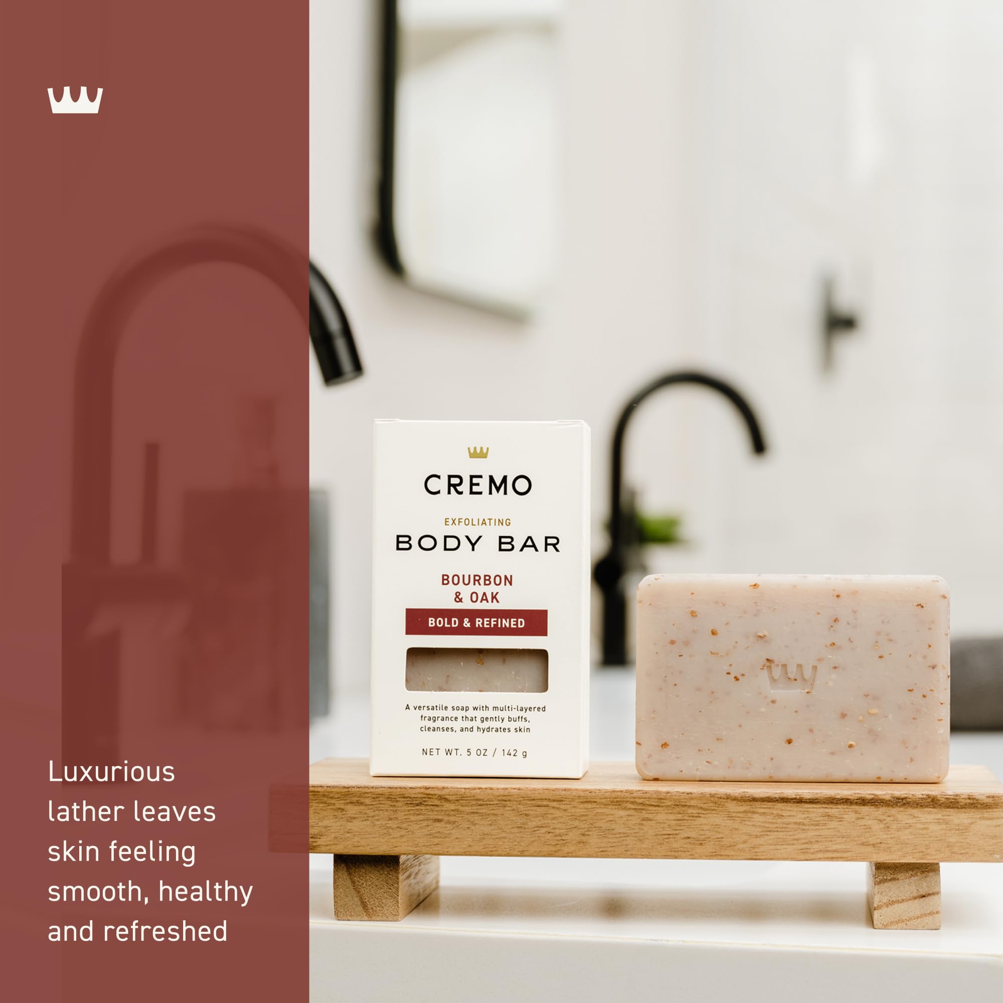 Cremo Exfoliating Body Bar for Men, Bourbon & Oak Scent, Multi-Layered Fragrance That Buffs, Cleanses and Hydrates Skin, 5oz