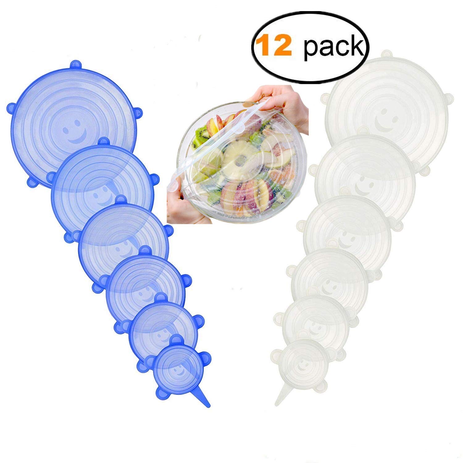 Silicone Stretch Lids,ReusableDurable Expandable Storage Covers for Container, Bowl, Can and Cup in Dishwasher, Refrigerator and Microwave 12-Pack Various Sizes