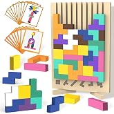 Wooden Block Puzzle Montessori Toys, Colorful Stacking Game Brain Teaser Puzzles for Toddlers and Kids with 20 Cards, Educational Wooden Toy Gifts for 3 4 5 6 7 8 Year Old Boys and Girls