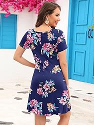 KORSIS Summer Dresses for Women Pink Flower Navy